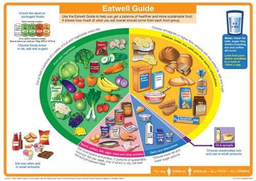Eatwell guide showing a dinner plate with recommended proportions of different food groups